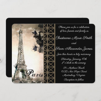 Convite Vintage Beige & Black Eiffel Tower Watercolor