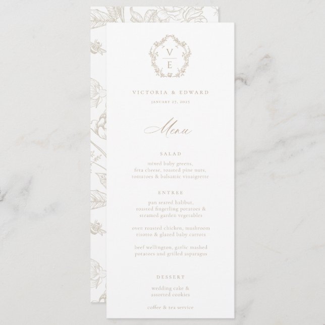 Convite Vintage Beige Crest Monograma Floral WedeMenu (Frente/Verso)