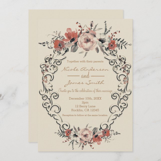 Convite Vintage Beige Elegant Botanical Floral Wedding (Frente/Verso)