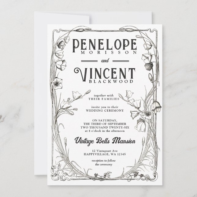 Convite Vintage Bell Flowers on White Wedding Invitation  (Frente)