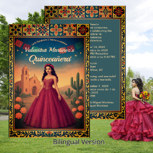 Convite Vintage Bilingual Quinceañera 15 Red Vress