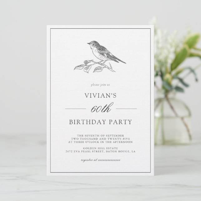 Convite Vintage Bird Black and White 60th Birthday (Em pé/Frente)