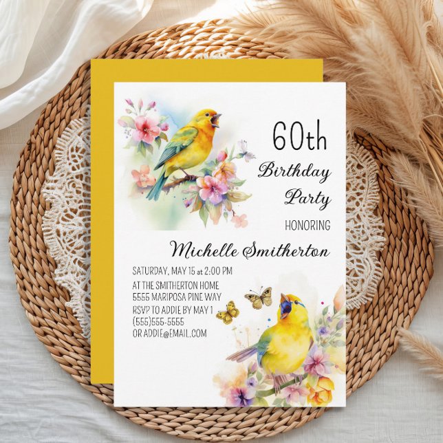 Convite Vintage Birds Canaries Flores 60º Aniversário (Yellow canary women's 60th birthday party invitation)