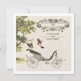 Convite Vintage Birds & Carruagem Burlap Texture