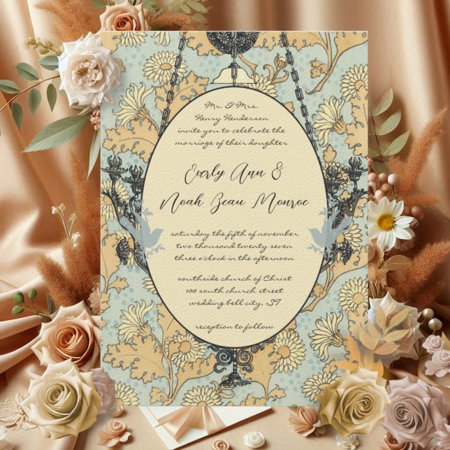 Convite Vintage Birds Damask Chandelier Invitation (Criador carregado)