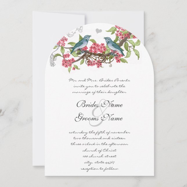 Convite Vintage Birds Honeysuckle Teal & Pink (Frente)