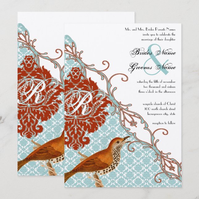 Convite Vintage Birds Red Endive Damask Wedding (Frente/Verso)
