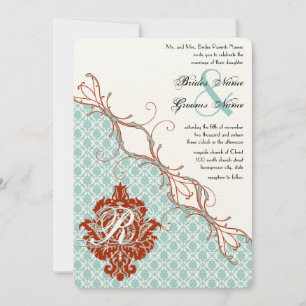 Convite Vintage Birds Red Endive Damask Wedding
