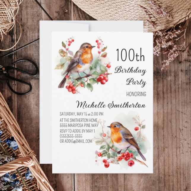 Convite Vintage Birds Robin Redbreast 100º aniversário (Criador carregado)