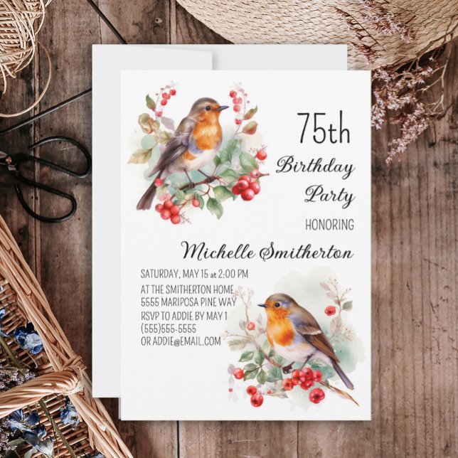 Convite Vintage Birds Robin Redbreast 75. Aniversário (Robin redbreast 75th birthday party invitation)