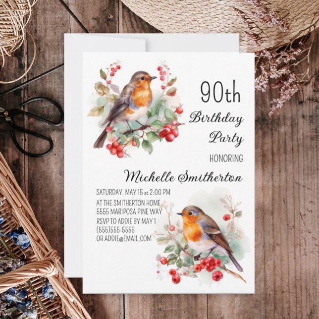 Convite Vintage Birds Robin Redbreast 90 Birthday (Criador carregado)