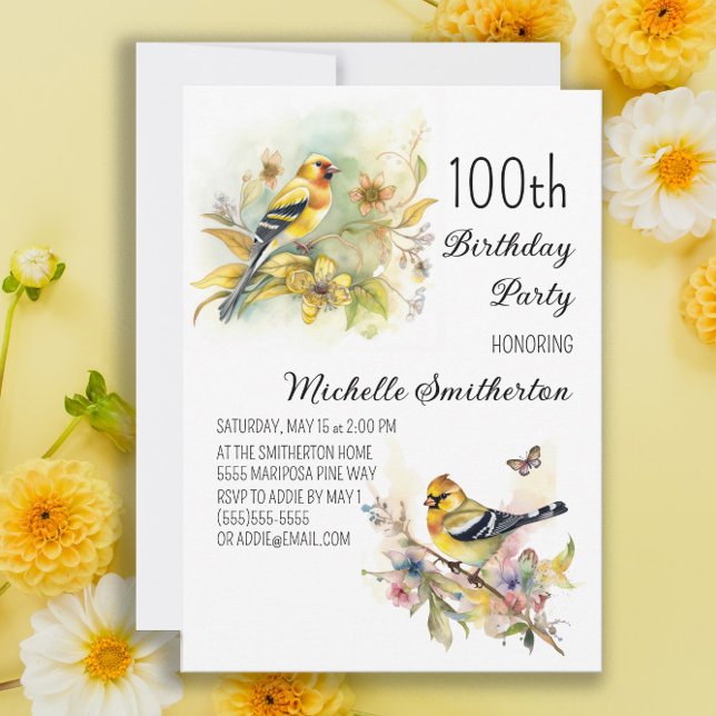 Convite Vintage Birds Yellow Goldfinch 100º aniversário (Criador carregado)