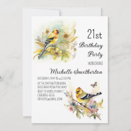 Convite Vintage Birds Yellow Goldfinch aniversário de 21 a