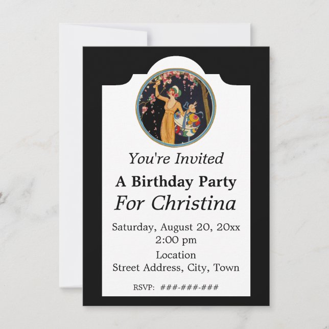 Convite Vintage Birthday Lady Picking Pink Cherry Blossoms (Frente)