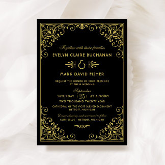 Convite Vintage Black and Dourado Art Deco Weding