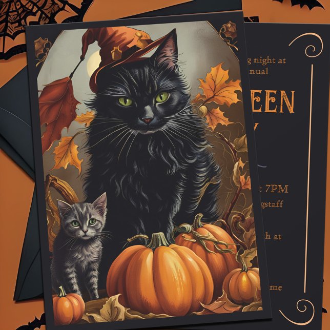 Convite Vintage Black Cat Halloween Party Autumn Hat (Charming Halloween party invitation with detailed black longhair cat painting in vintage style)