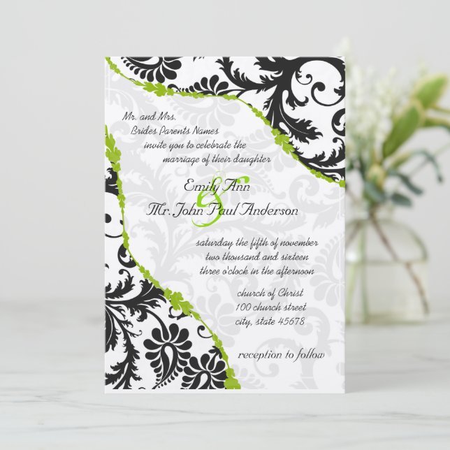 Convite Vintage Black Damask with Apple Green Vines (Em pé/Frente)