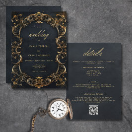 Convite Vintage Black & Dourado Frame Two Sided Weding