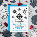 Convite Vintage Black White Christmas Papais noeis Snowfla<br><div class="desc">Este convite para natais vintages a uma festa de Papais noeis Secretos apresenta um design preto e branco mínimo, simples, com diferentes formas geométricas de flocos de neve e uma tipografia preto e azul personalizável e ousada sobre fundo branco. O dorso é azul com um floco de neve geométrico. É...</div>