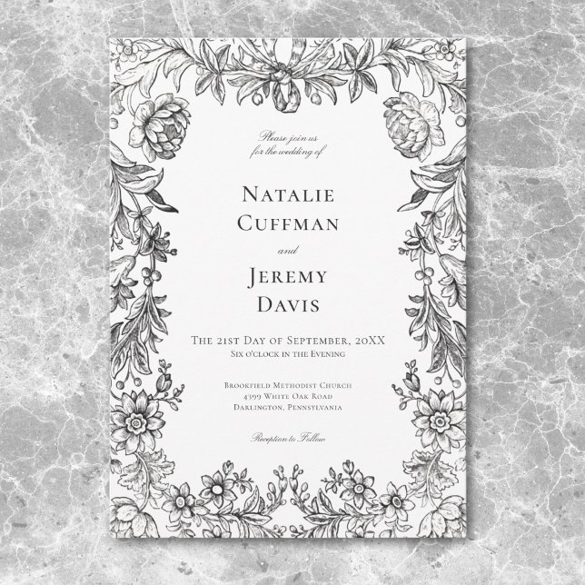 Convite Vintage Black & White Tapeçaria Floral Casamento (Vintage Black & White Tapestry Floral Wedding Invitation)