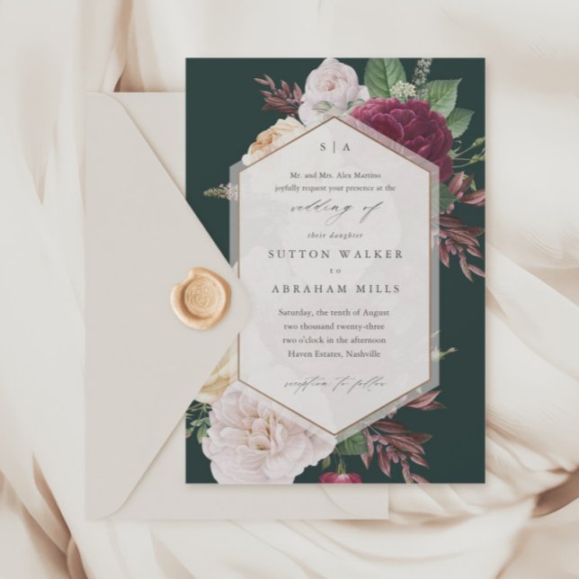Convite Vintage Blooms Floral Wedding (Vintage floral bouquet forest green wedding invitations.)