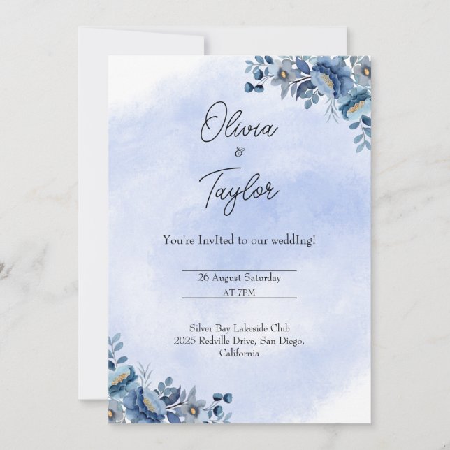 Convite Vintage Blue Blossom Weding Invitation (Frente)