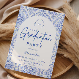 Convite Vintage Blue Botanical Graduation Party