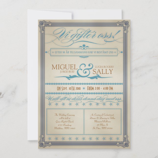 Convite Vintage Blue & Brown Sweden Invitation (Frente)
