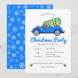 Convite Vintage Blue Car e Tree Christmas