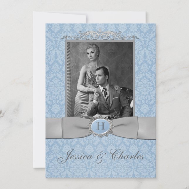 Convite Vintage Blue, Cinza Damask Scrolls Foto Casamento (Frente)