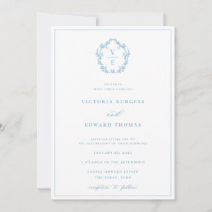 Convite Vintage Blue Crest Monograma Casamento