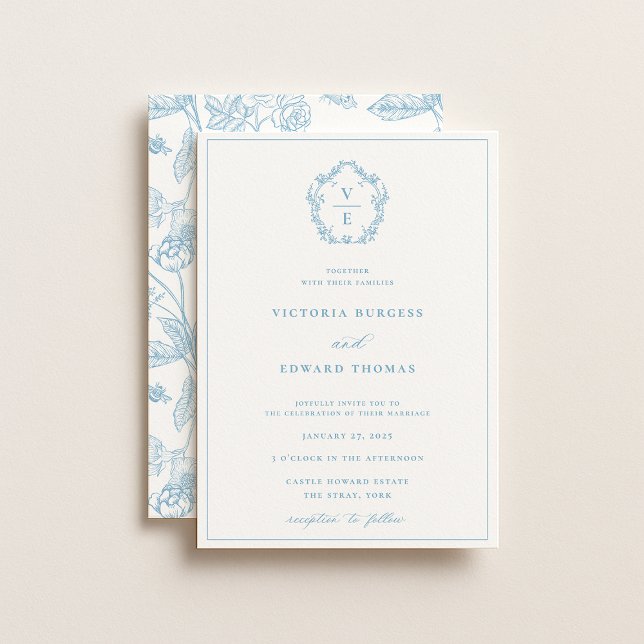 Convite Vintage Blue Crest Monograma Casamento (Criador carregado)
