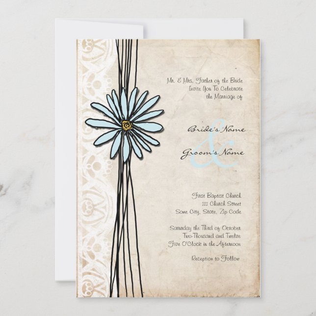 Convite Vintage Blue Daisy Weding Invitation (Frente)