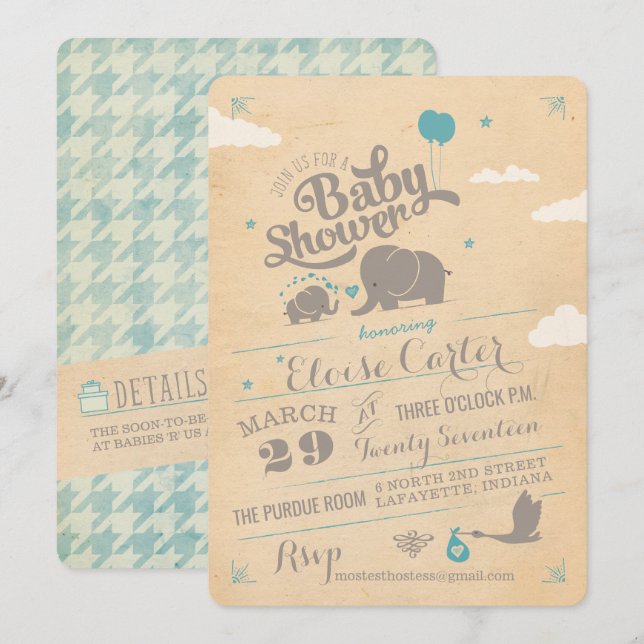 Convite Vintage Blue Elephant Baby Shower Invations (Frente/Verso)