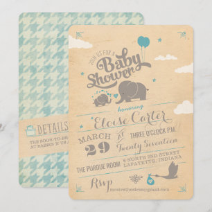 Convite Vintage Blue Elephant Baby Shower Invations