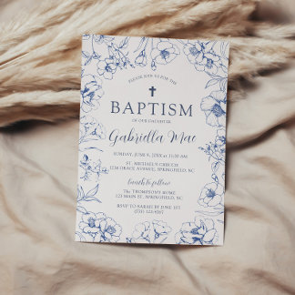 Convite Vintage Blue Floral Baptism Invitation