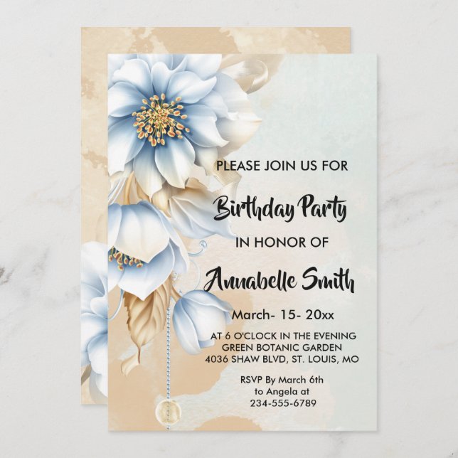 Convite Vintage Blue floral Birthday (Frente/Verso)