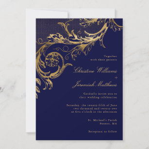 Convite Vintage Blue Floral Dourado Casamento de Script de