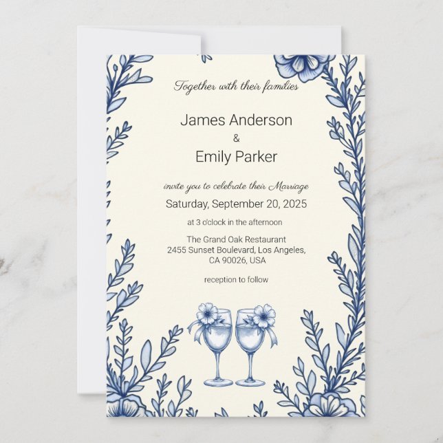 Convite Vintage Blue Floral Invitation (Frente)