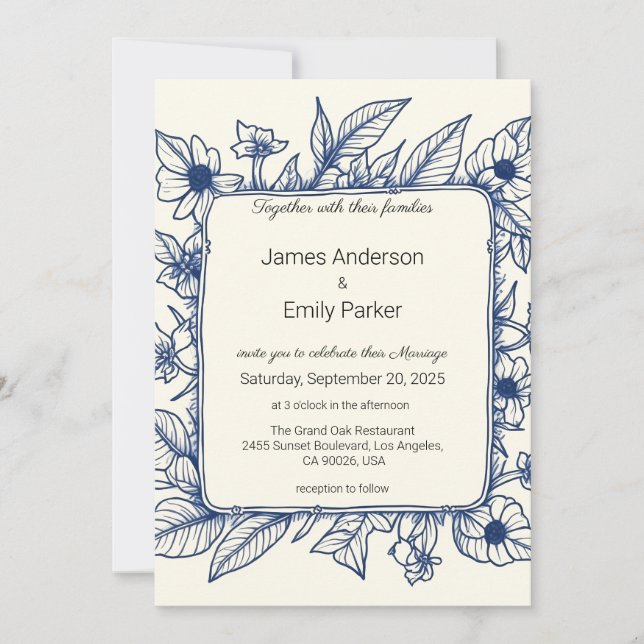 Convite Vintage Blue Floral Invitation (Frente)