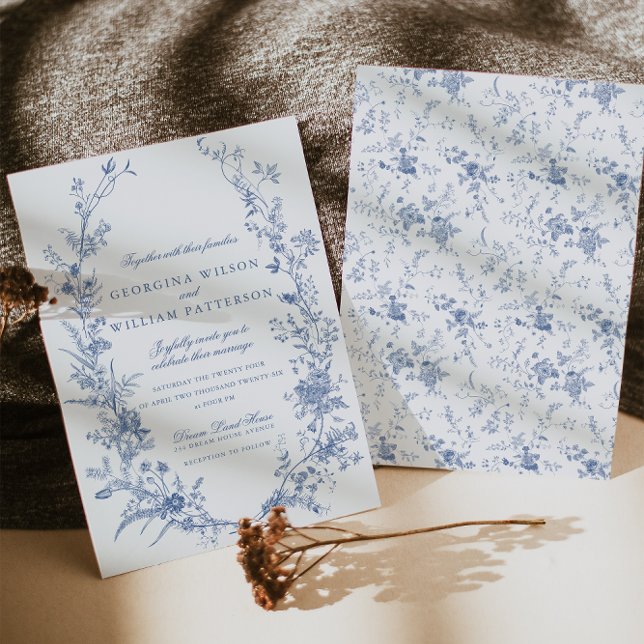 Convite Vintage Blue Floral Jouy Wedding (Criador carregado)