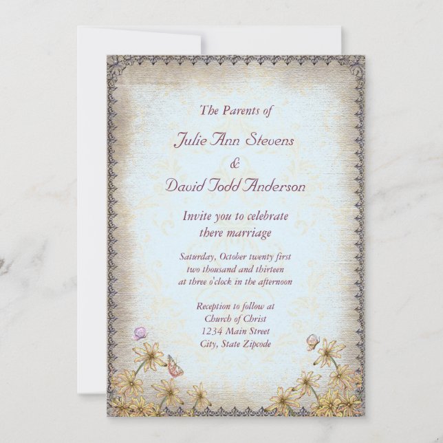 Convite Vintage Blue Floral Weding (Frente)