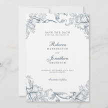 Vintage Blue Floral Weding Date Invite