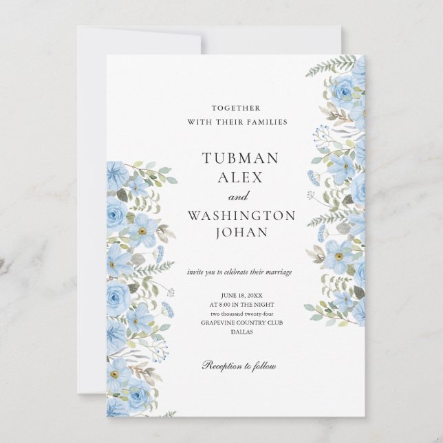 Convite Vintage Blue Floral Weding Invitation (Frente)
