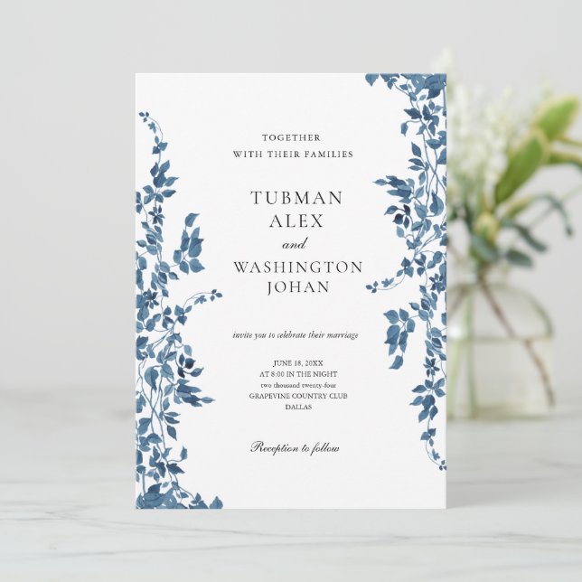 Convite Vintage Blue Floral Weding Invitation (Em pé/Frente)