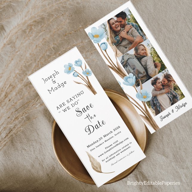 Convite Vintage Blue Flower Photo Strip Salvar a Data (Save the date for our happily ever after.)