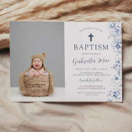 Convite Vintage Blue Flowers Baptism Photo Invitation