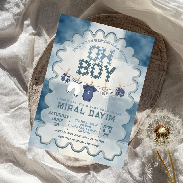 Convite Vintage Blue Football Oh Boy Baby Shower (Criador carregado)