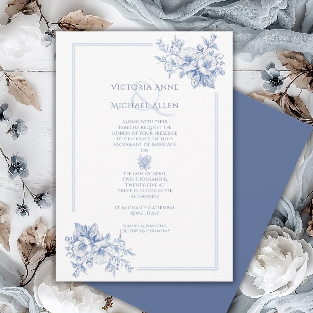 Convite Vintage Blue Frame Floral Elegante Casamento (Criador carregado)