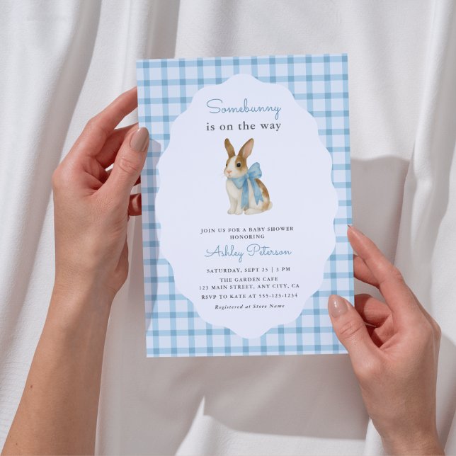 Convite Vintage Blue Gingham Bunny Boy Baby Shower (Criador carregado)